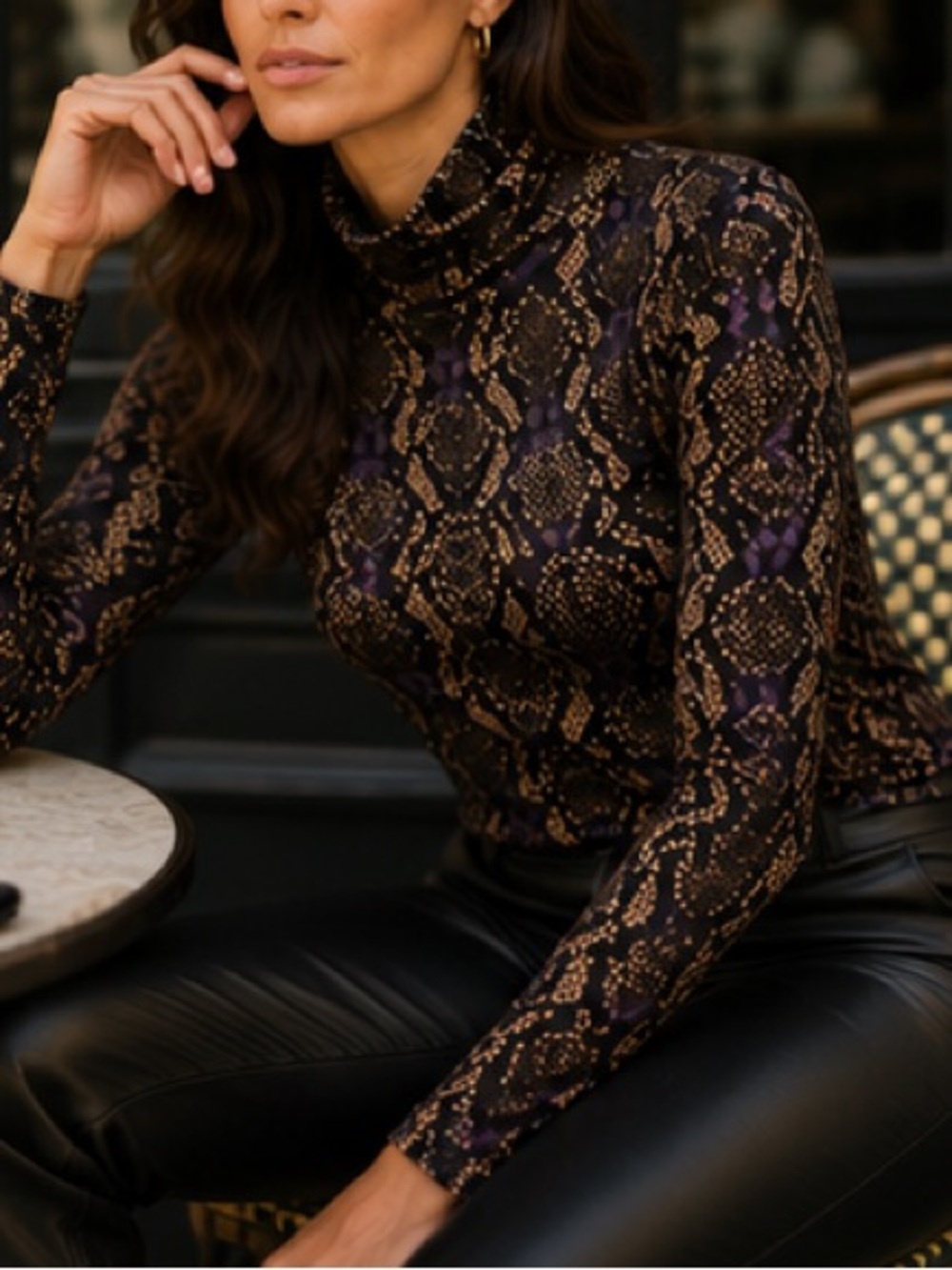 Boston Proper So Chic London Python Turtleneck Top Ruched Excellent Large